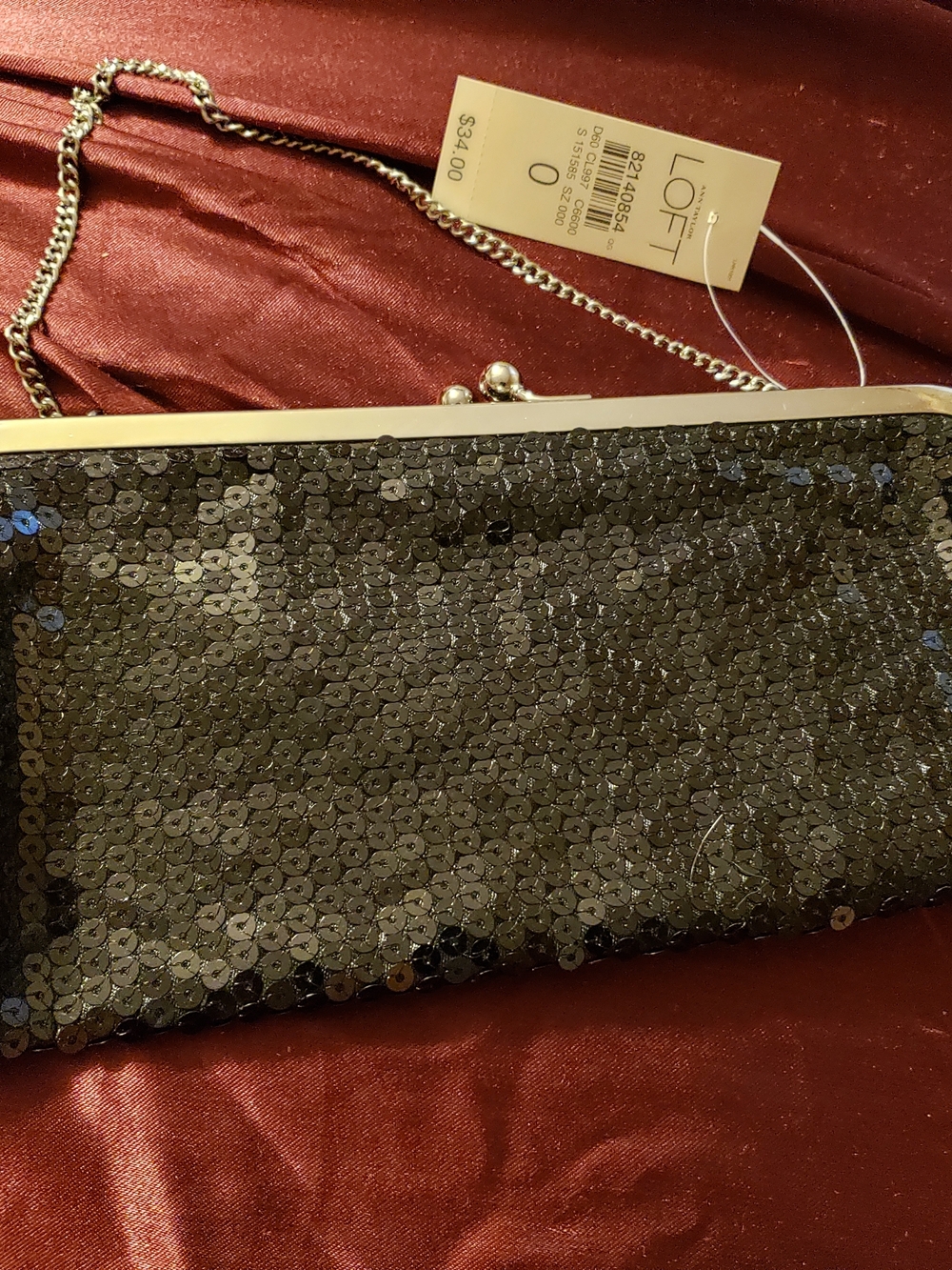 LOFT Black Sequin Clutch with Silver Chain